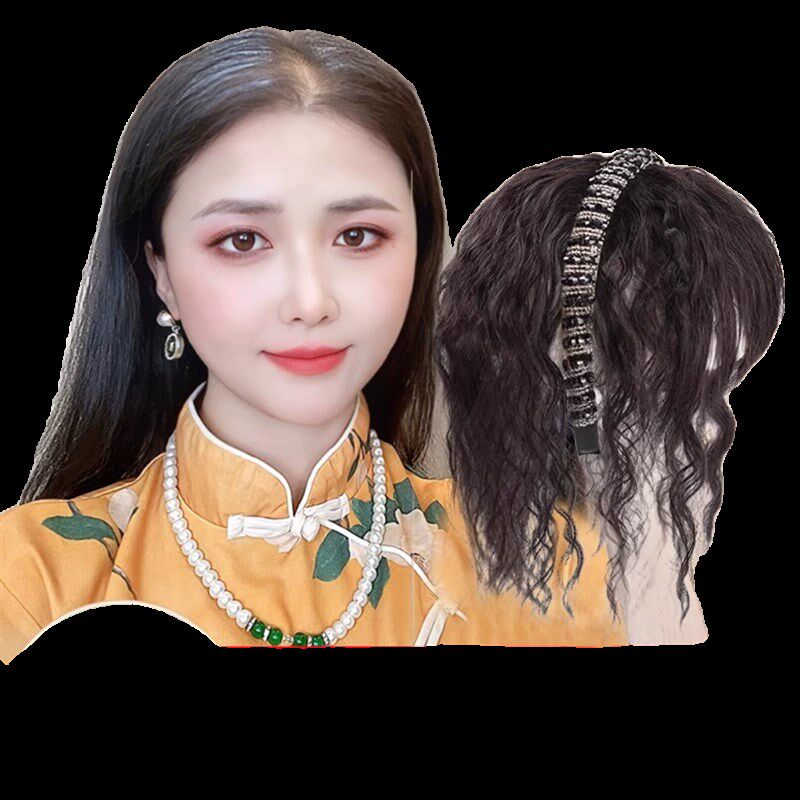假发女真发玉米烫卷发水钻发箍刘海一体中老年遮白发头顶增补发片