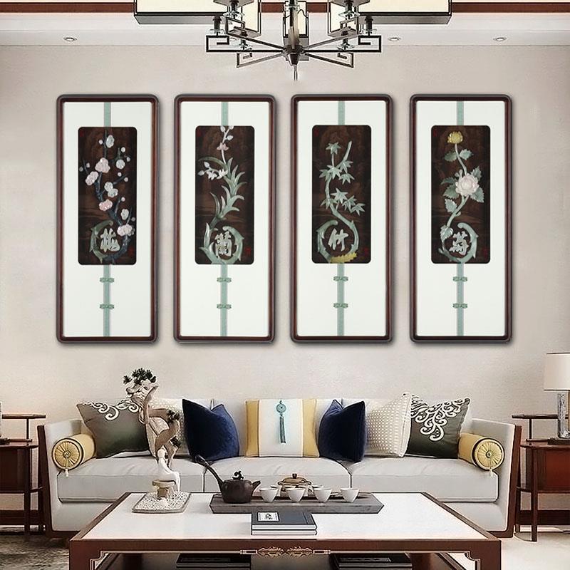 四联沙发背景墙装饰画四条屏挂画新中式玉雕客厅茶室3d立体浮雕画