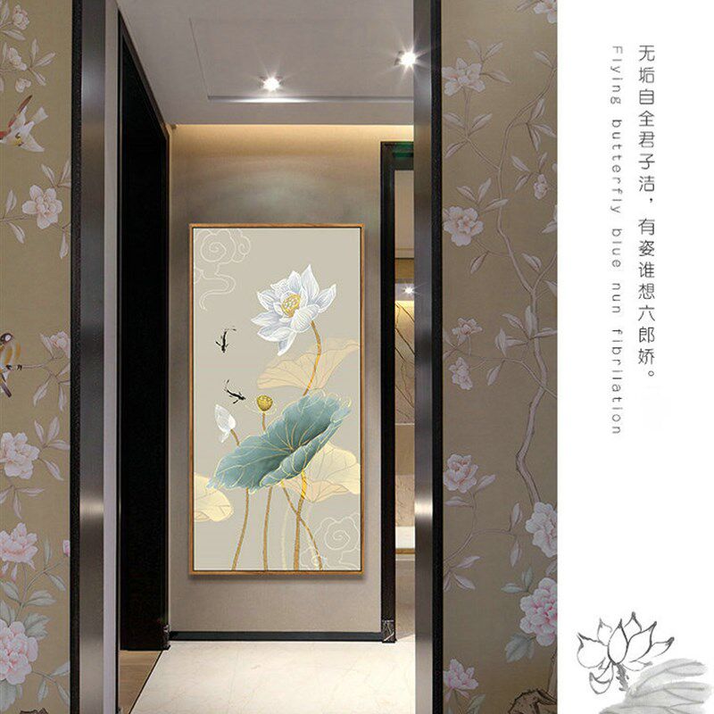 纯手绘油画新中式水墨荷花装饰客厅玄关走廊过道竖版酒店餐厅挂画