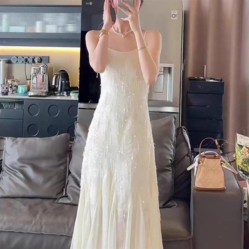 大码女装法式高级感流苏珠片鱼尾吊带连衣裙生日宴会气质轻奢礼服