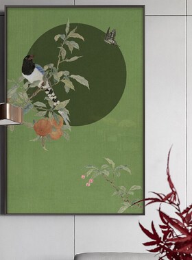 新中式花鸟装饰画墨绿色古典挂画样板房入户玄关大尺寸背景墙壁画