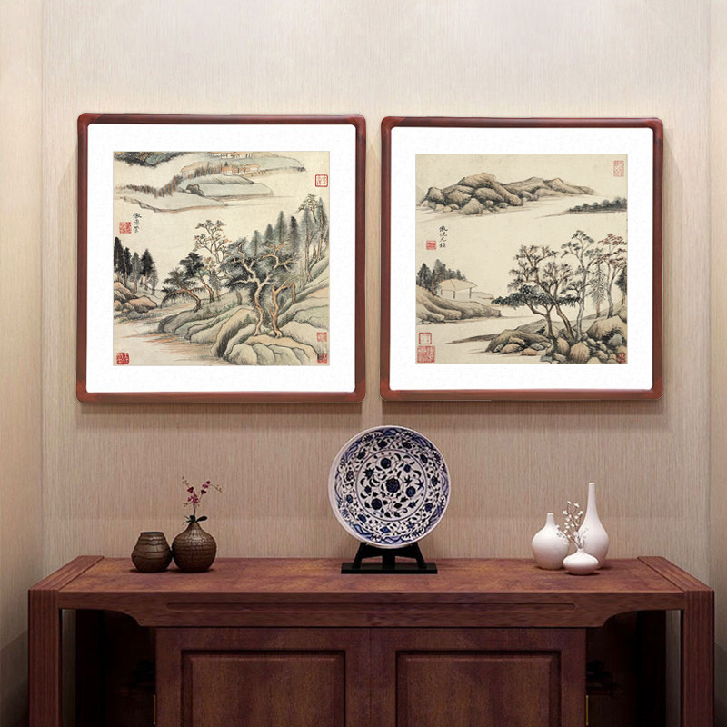 董其昌字画斗方形山水画新中式客厅玄关装饰画办公室书房楼道挂画