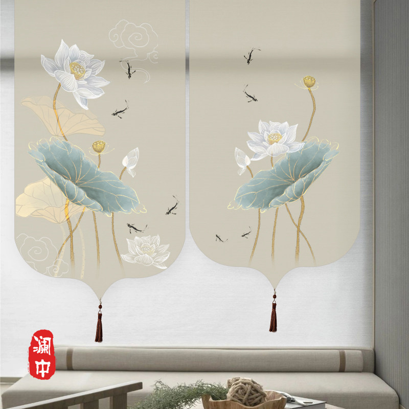 新中式禅意卷帘窗帘客厅茶室玄关屏风帘隔断帘子挂式装饰门帘荷花
