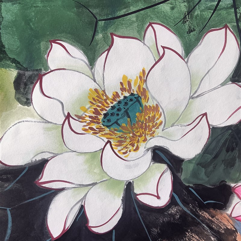 国画花鸟画手绘荷花图客厅玄关送礼画芯尺寸69*138大小可定制