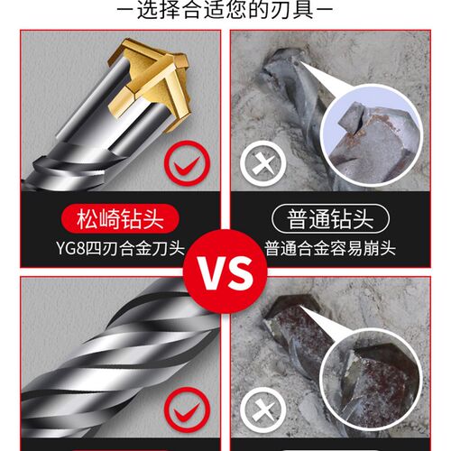 电锤十字冲击钻打混凝土穿墙圆柄方柄电锤头过墙转头加长四刃钻头