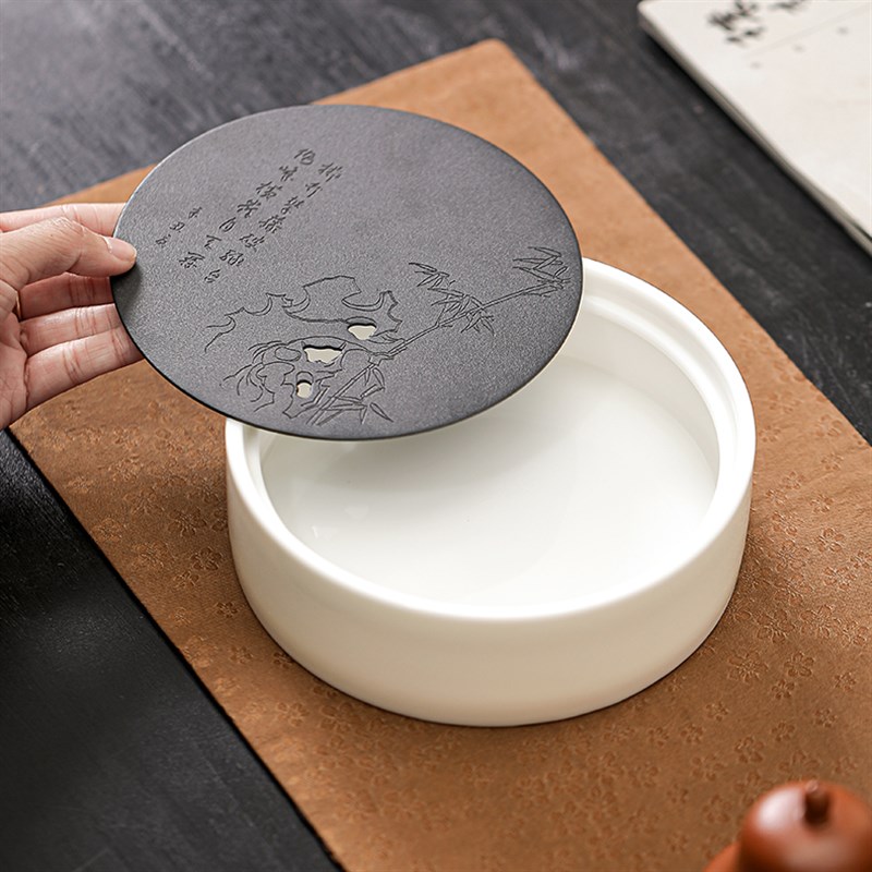 羊脂玉瓷蓄水壶承干泡小茶盘家用圆形小茶台竹韵壶托功夫茶具日式
