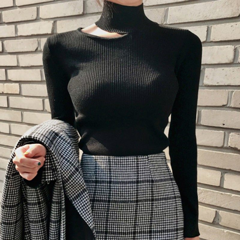 秋冬漏洞挖肩针织衫挂脖露肩上衣女性感长袖加厚高领打底毛衣锁骨