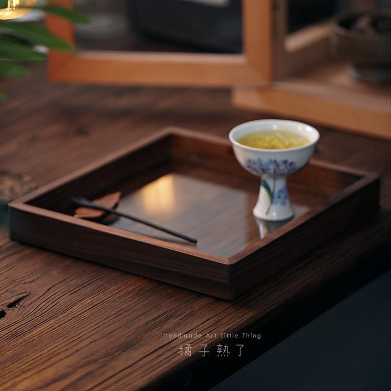 橘子熟了/若隐/胡桃木玻璃茶托盘 茶道配件 小茶盘茶台干泡台