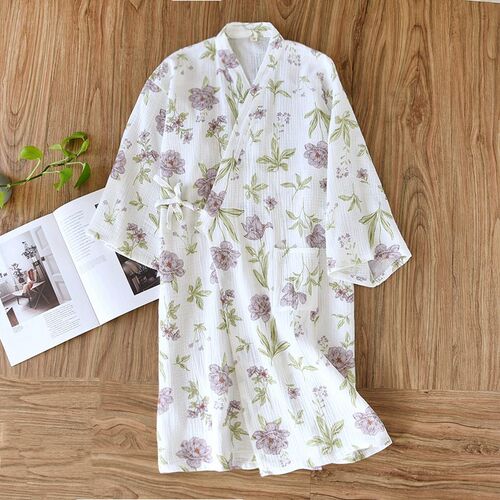 睡袍女夏季薄款纯棉双层纱布全棉绉布中长款和服系带式浴袍家居服