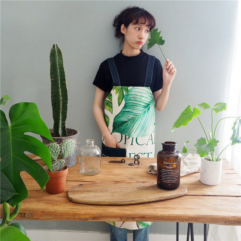 北欧植物厨房围裙烘焙做饭居家用厨师罩衣围腰工作坊店员服男女