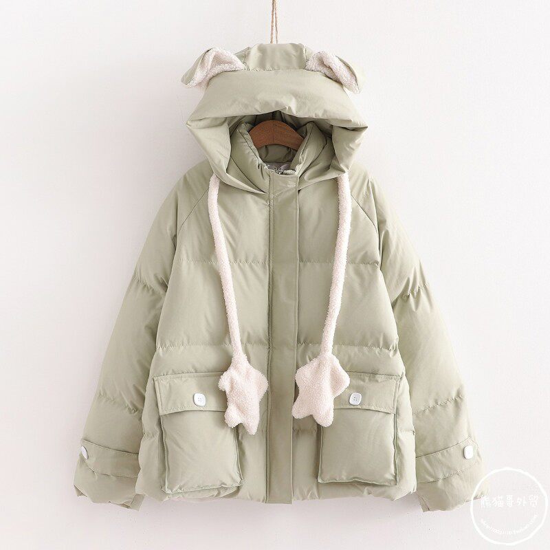 会动的兔耳朵棉服女冬季小个子甜美可爱奶油黄面包服短款软妹棉衣