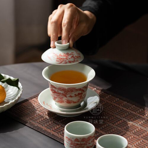 仿古泥矾红三才碗盖碗山水釉下彩茶碗复古中式青瓷陶瓷功夫茶具