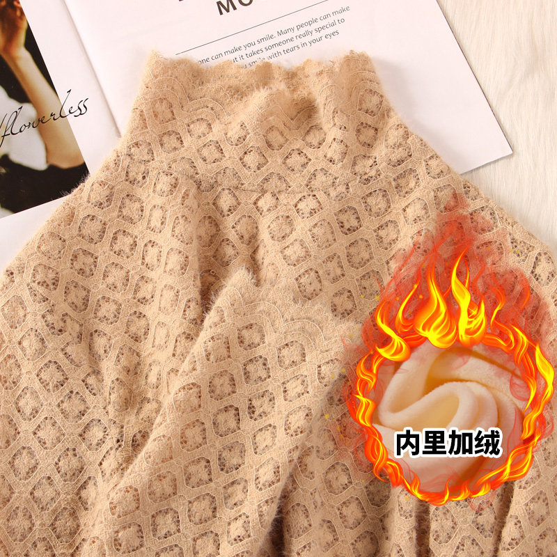 磨毛蕾丝上衣女秋冬新款洋气高领网纱打底衫女加绒内搭长袖纱衣女