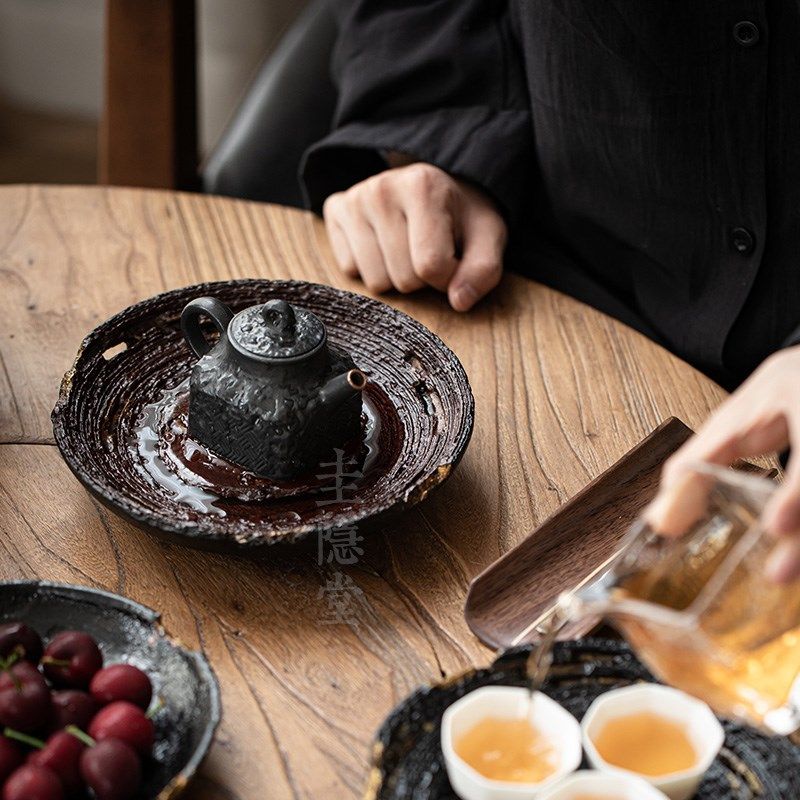 圭隐堂大漆仿朽木壶承茶盘家用复古手工干泡台茶壶托盘茶托茶台