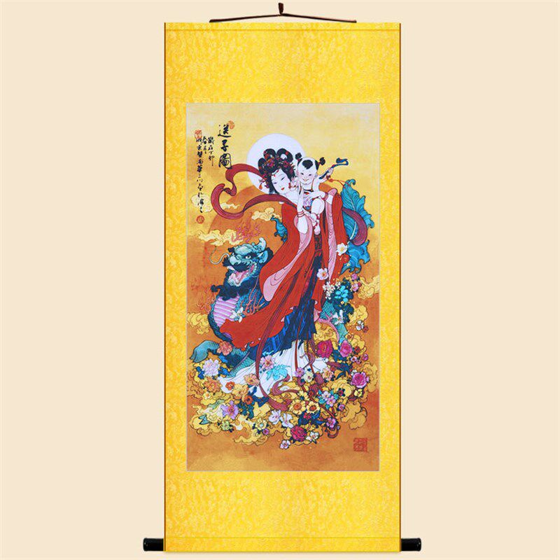 麒麟仙女童子人物画像 客厅卧室装饰画 绢布卷轴挂画来图定制订做
