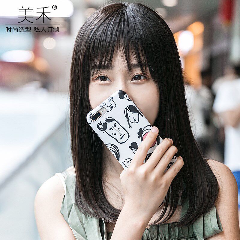 美禾 假发女长发齐发尾假发套 空气刘海网红锁骨发时尚全真发发套