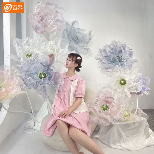 百界大型丝网花纱花店铺橱窗装饰摆件美陈场景布置婚庆婚礼路引花