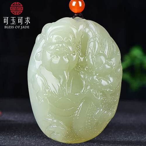 可玉可求天然青黄玉财神吊坠挂件玉石项链M6920