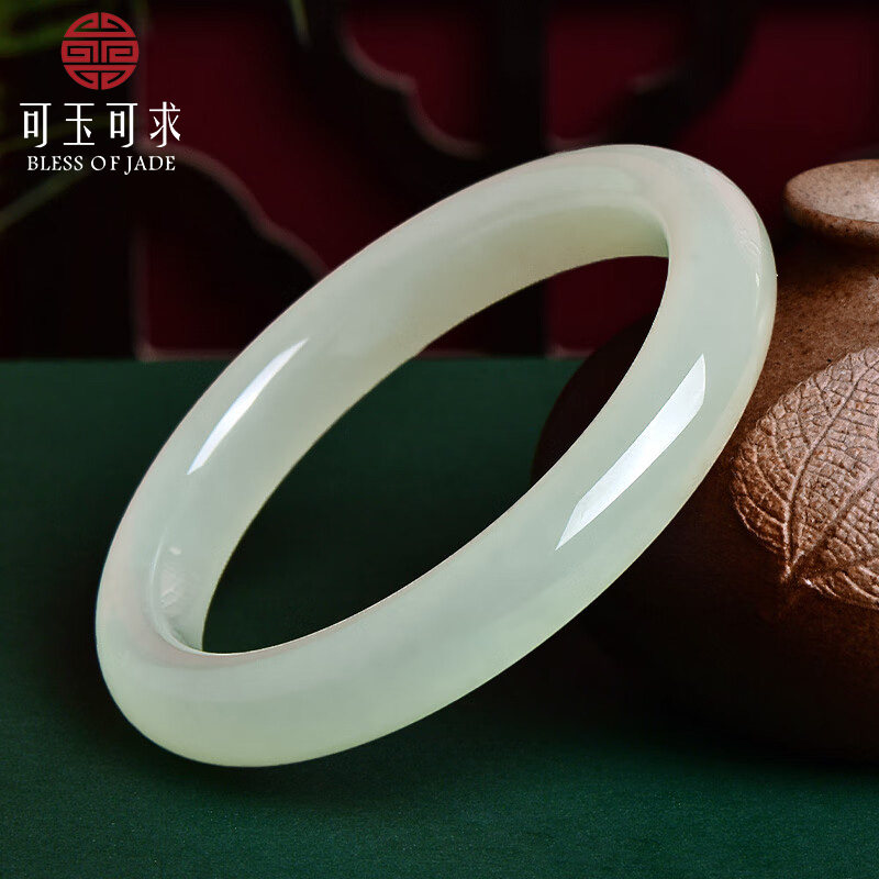 可玉可求青白玉手镯女款玉石手镯经典款宽条玉镯子  C7066