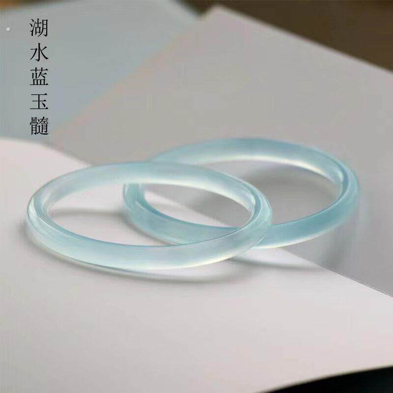 条圆玉髓镯叮当手镯玛瑙细冰种镯子冻美人天青蓝女少女天然色湖水