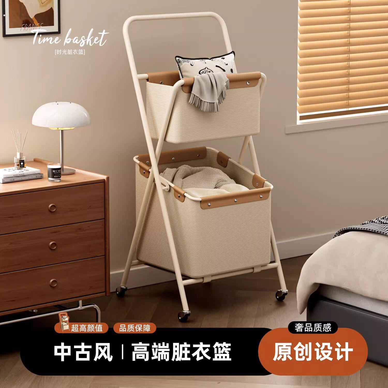 脏衣篓脏衣服收纳筐中古风双层脏衣篮带轮大容量收纳多功能置物蓝