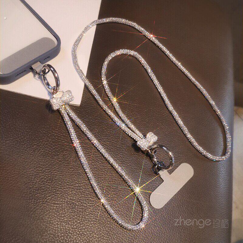 手机挂绳挂绳镶水钻蝴蝶结长版挂颈链奢华满钻手腕绳手作夹片结实