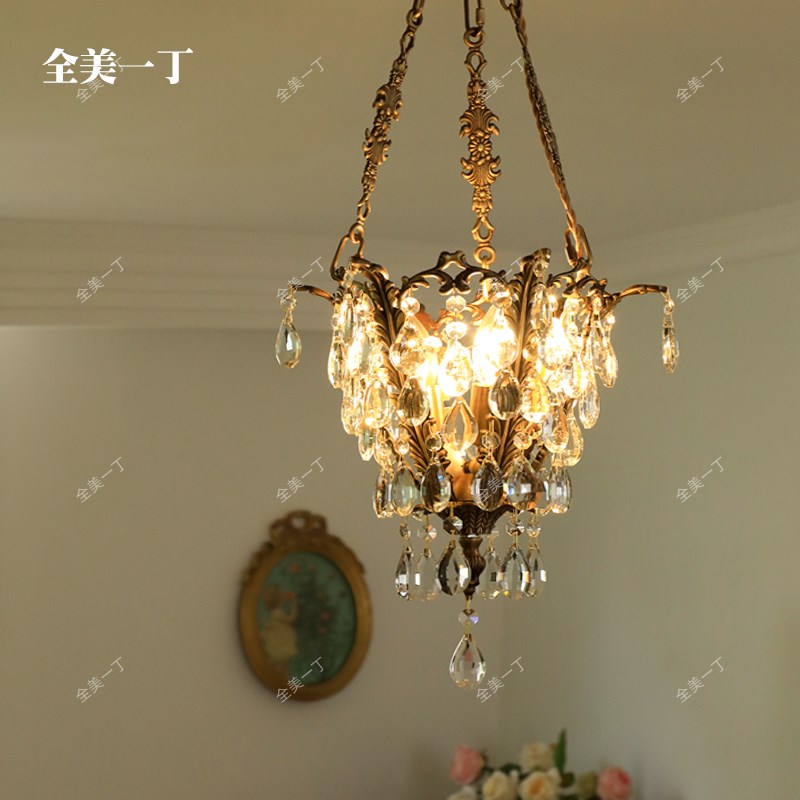 全美一丁法式复古餐厅灯美式卧室玄关阳台欧式中古风黄铜水晶吊灯
