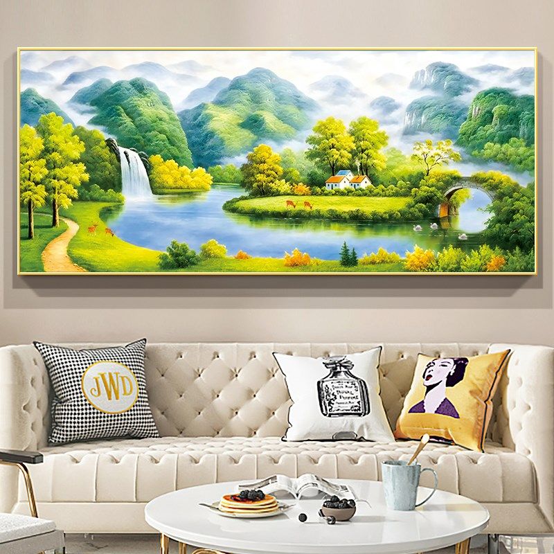 流水生财聚宝盆十字绣2024新款线绣客厅宝地大幅满绣山水画风景图