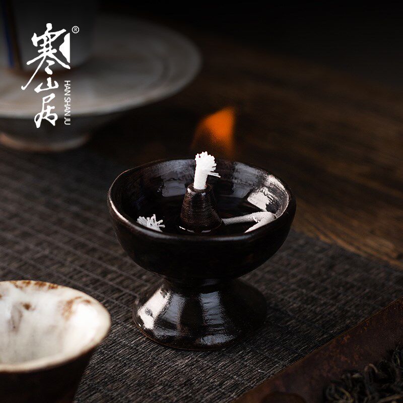 寒山居手工捏陶瓷酥油灯复古香油灯盏佛前供灯禅意茶室灯烛台摆件