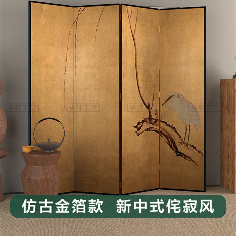 手绘中古仿古旧金箔屏风花鸟漆画茶室客厅隔断中式折屏背景墙定制