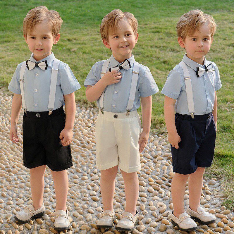 男孩小主持人服装夏季儿童背带裤套装夏男宝西服幼儿园毕业礼服夏