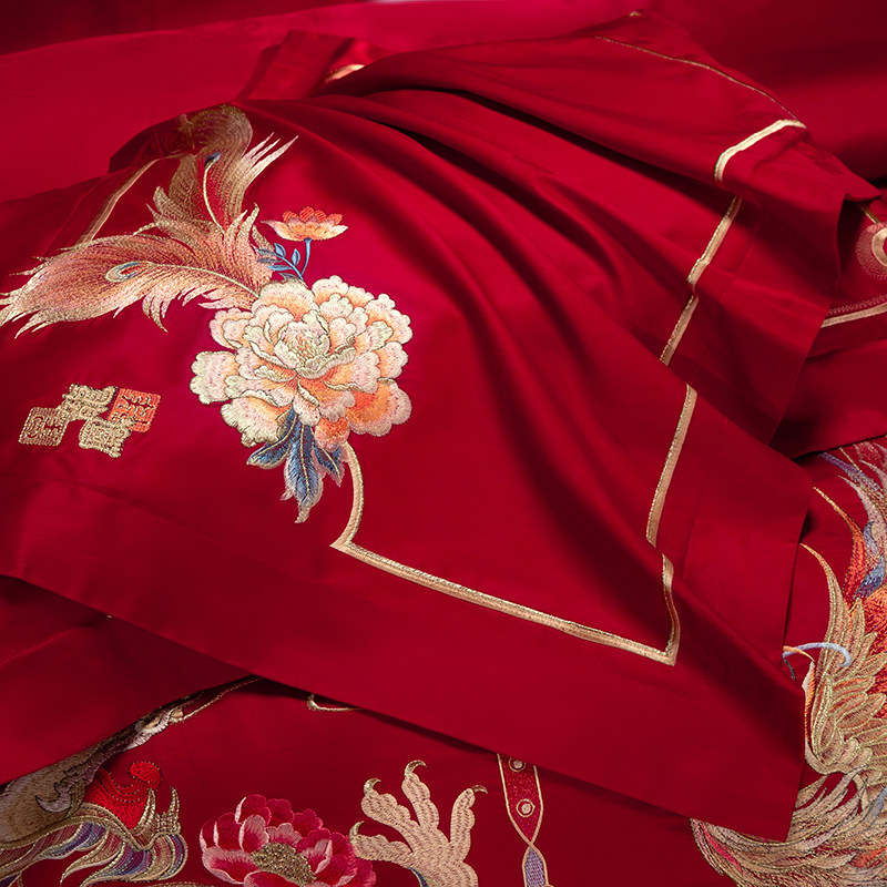 新中式龙凤绣花高端奢华婚庆陪嫁四件套红色纯棉结婚牀品十件套