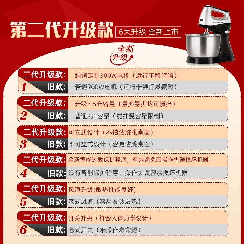 顺然300W打蛋器电动家用台式手持小型烘焙蛋糕奶油蛋清搅拌打发器