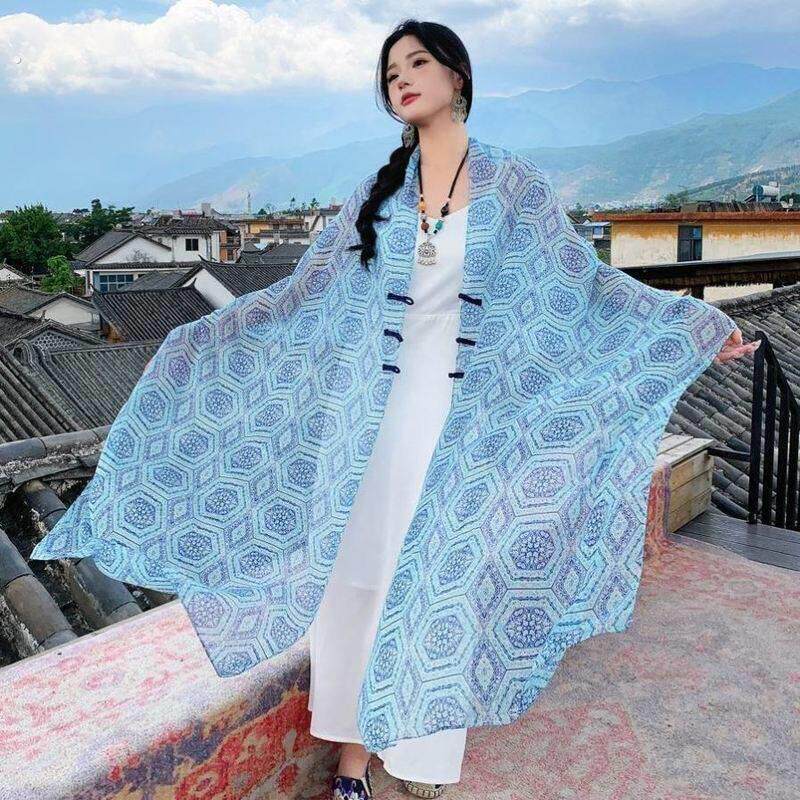 遮胳膊披肩夏天披肩外搭高端女式夏季披肩三亚海边披肩扎染防晒款