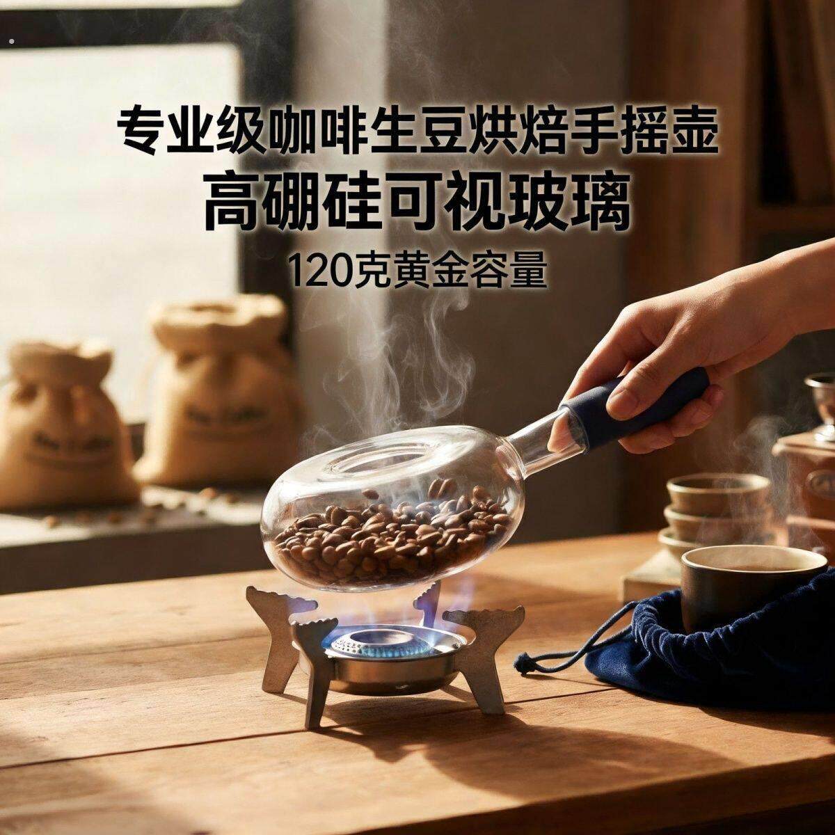 咖啡豆烘焙小型家用创意便捷式透明高硼硅玻璃耐高温手摇壶手网