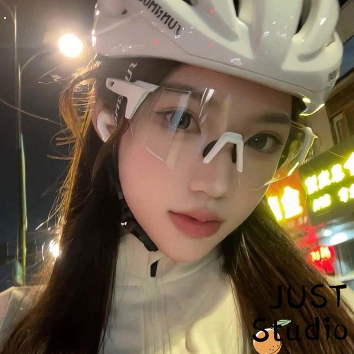 女生自行车骑行眼镜白框透明片大框显脸小户外太阳眼镜防风沙紫外