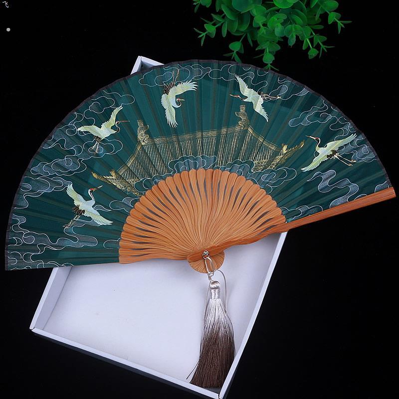 中国风女式扇子丝绸手工古风折扇汉服旗袍复古随身可携式舞蹈仙鹤