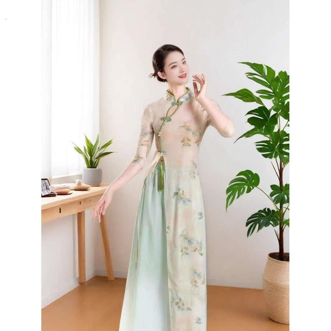 中国民族风古典舞蹈跳舞弹力旗袍身韵练功表演出服装女修身喇叭裤