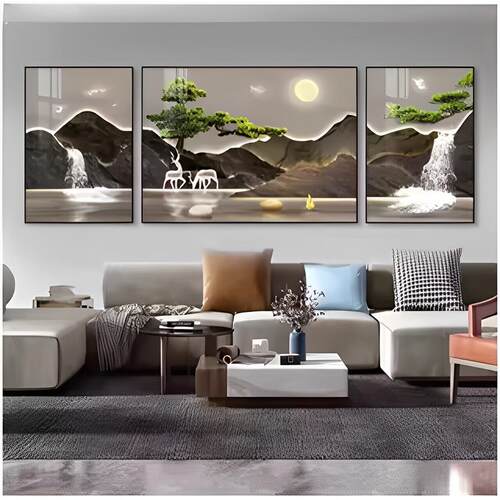 客厅沙发背景墙三联壁画山水画新中式装饰画轻奢高级感迎客松挂画