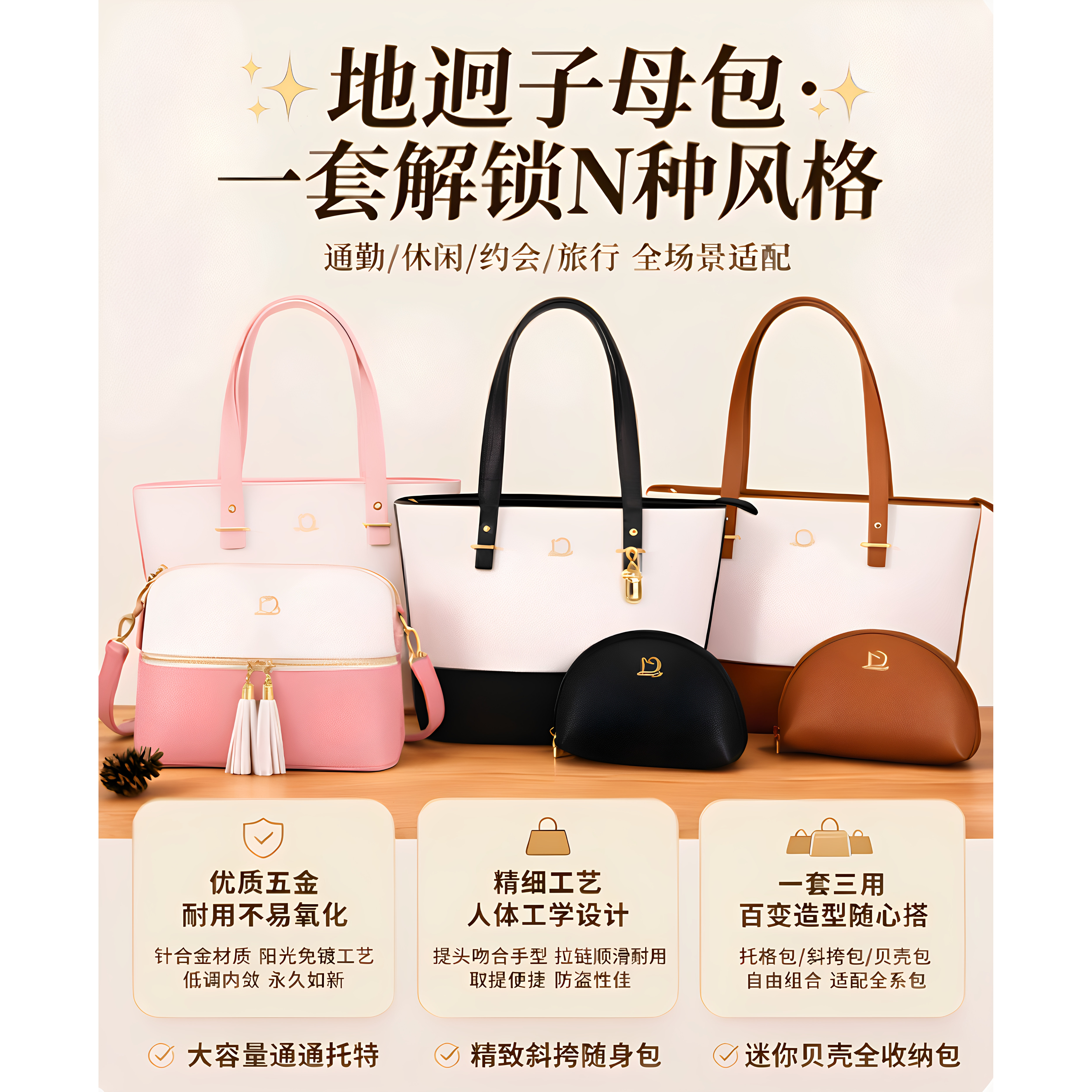 新品轻奢地迥三件套女通勤托特包斜挎包贝壳包三色可选百搭高级感