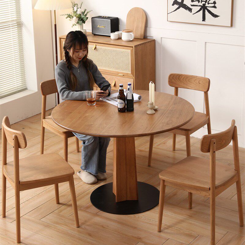 实木圆桌餐桌家用小户型桌子樱桃木日式家具北欧圆形大饭桌客厅桌