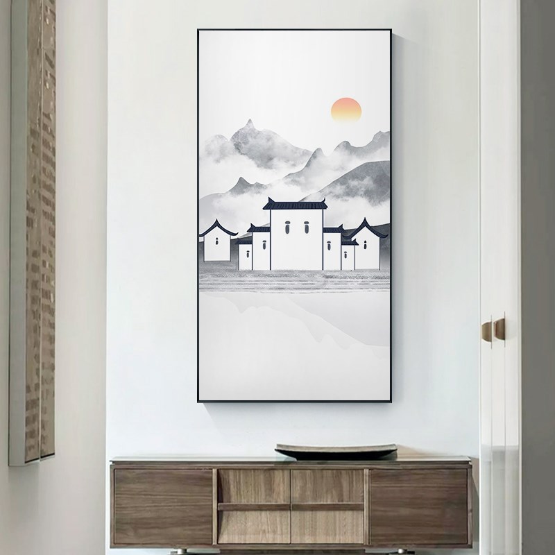 新中式走廊玄关装饰画别墅复式楼楼梯间中国风江南人家风景壁画