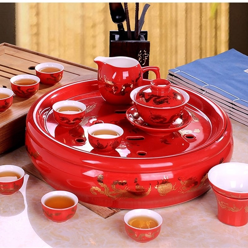 中国红龙凤陶瓷茶具套装功夫茶泡茶壶盖碗家用茶杯中式结婚礼物