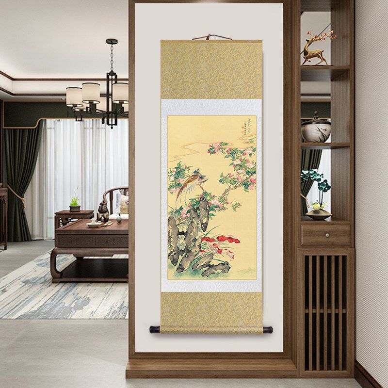 名家绶带桃花图中式花鸟卷轴挂画客厅装饰画办公室书房茶室玄关画
