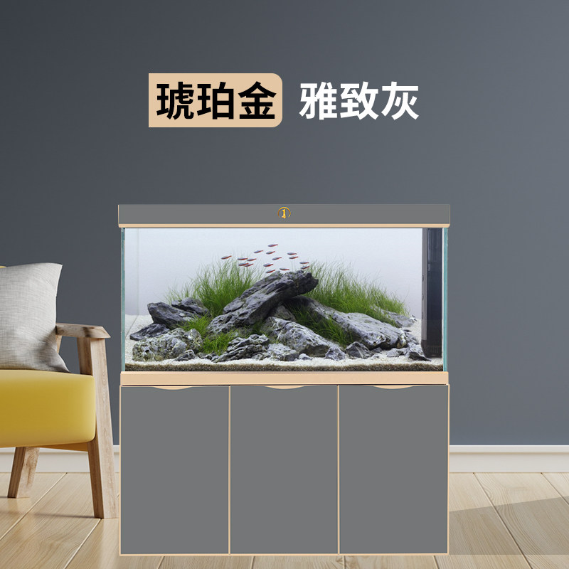 睿美鱼缸1号系列新款幽兰超白玻璃灰色大型底滤客厅水族箱