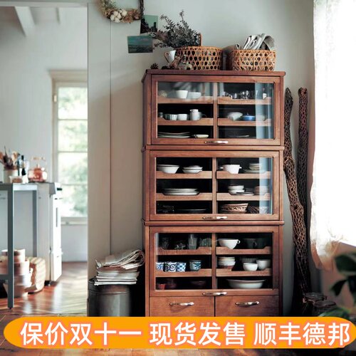 日式实木餐边柜茶水柜厨房餐厅收纳柜玻璃杯餐具玻璃展示柜组合柜