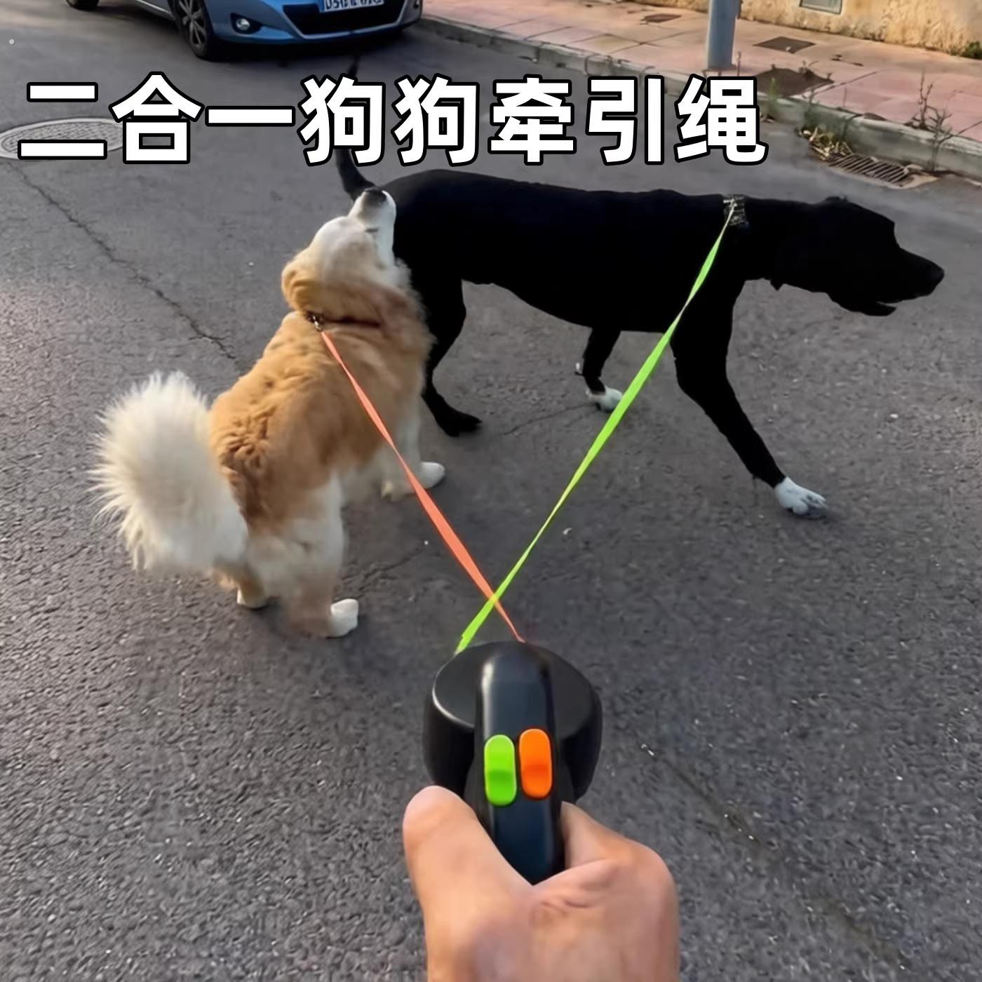 工厂好物宠物自动牵引绳双头伸缩狗炼子一拖二狗狗牵引器二合一可