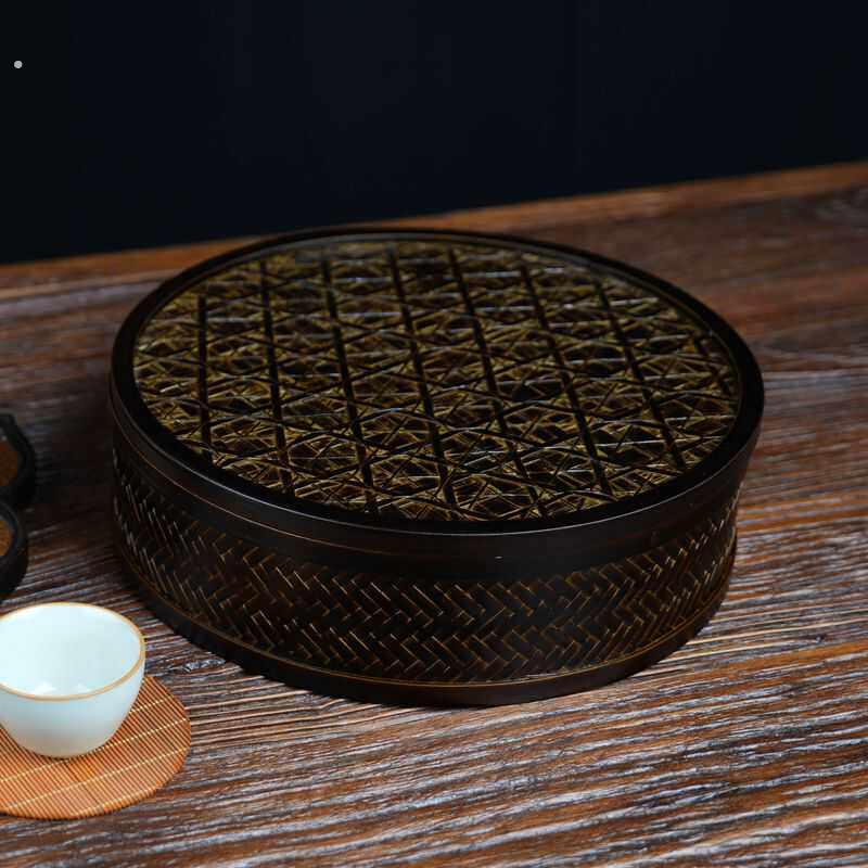 竹编复古圆盒带盖茶道收纳盒 碳化 点心干果收纳盒便携带盖竹盒