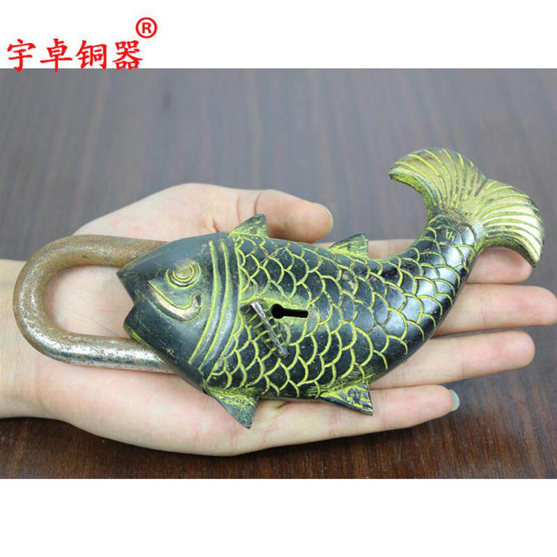 宇卓铜器纯铜锁 黄铜老式插销锁 吉祥鱼造型铜锁 铜质工艺品摆件