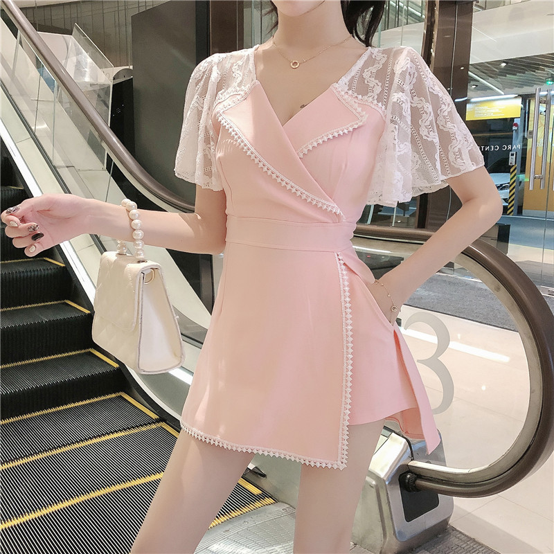 名媛气质两件套装2019夏高腰显瘦开叉蕾丝拼接西装领连衣裙送短裤